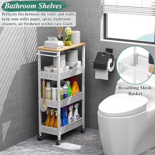 4-Tier Slim Rolling Storage Cart for Laundry Room, Bathroom, Kitchen | Upgraded metal hub casters, Narrow utility cart for small space/gaps, Premium wood top & metal mesh shelf, with handle & hook
