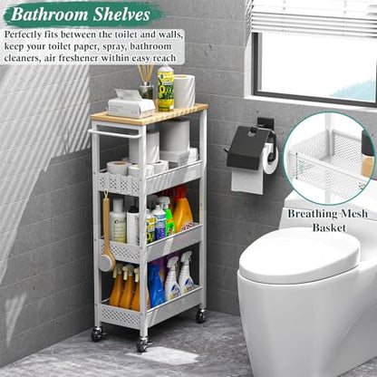 4-Tier Slim Rolling Storage Cart for Laundry Room, Bathroom, Kitchen | Upgraded metal hub casters, Narrow utility cart for small space/gaps, Premium wood top & metal mesh shelf, with handle & hook