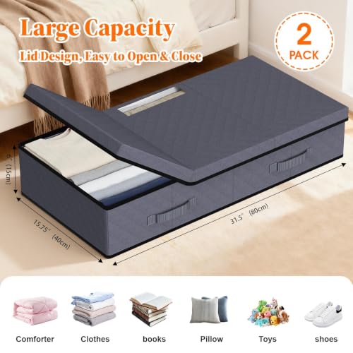 StoreHappily Under Bed Storage Containers with Lids, 2 Pack Foldable Grey | Storage organizer, Stackable Clothes Storage Bags, For Blankets Pillows Clothing, Clear Window, 3-Sided Handles, Label Slot