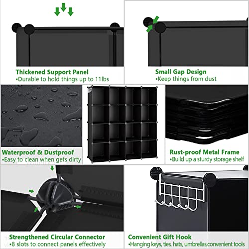 C&AHOME 16 Cube Storage Organizer Cube Shelves Units Storage Cubes, Black | Plastic DIY Closet Organizer, Stackble Modular Closet Storage Shelves Ideal for Home, Bedroom, 48.4" L × 12.4" W × 48.4" H