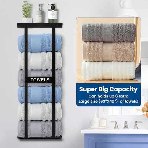 Bathroom Towel Storage Rack, Wall Mounted Bathroom Towel Rack | 30 inch Heavy Duty 6 Large Towels, Wall Mounted Towel Rack for Rolled Towels, Black