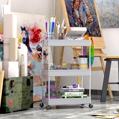 SPACEKEEPER 3 Tier Rolling Cart, Bathroom Cart Organizer with Wheels, Gray | Mobile Storage Cart for Laundry Room Organization,Kitchen,Office,Bathroom, Utility Cart for Snack,Craft,Art,Makeup,Nail,Toys