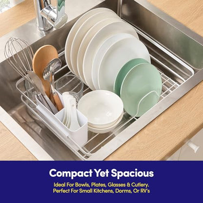 Dish Drying Rack 3 Piece Dish Drainer with Drainboard Set for Kitchen Counter – Dish Rack with Removable Utensil Holder & Swivel Spout for Countertop – DishRack for Plates, Cups & More, White