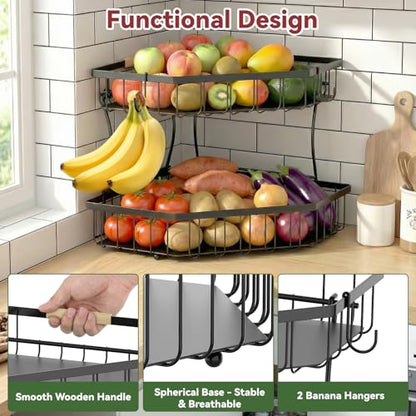 2 Tier Fruit Basket for Kitchen Counter with 2 Banana Hangers for Corner | Detachable Metal Fruit Bowl with Wooden Handle, Large Capacity Fruit Stand for Bread Fruit and Vegetable Storage, Black