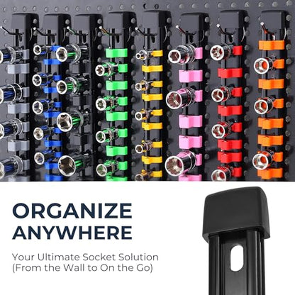 Reniteco 9-Pack Socket Organizer Set, 1/4" x 48 3/8" x 45 1/2" x 36 Clips | 129 Clip Capacity, Havy-Duty ABS Socket Rails, Removable Clips, Drive Socket Storage, Toolbox Drawer or Wall Mount