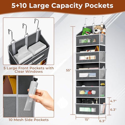 2 Pack 5 Tier Over The Door Organizer - Large Capacity Behind Door Hanging Shelves with 10 Mesh Pockets and Clear Windows, Closet Organizers and Storage for Bathroom, Bedroom, Nursery, Grey
