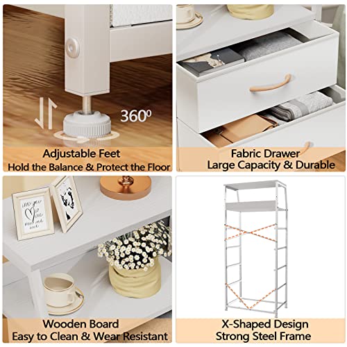 White Tall Dresser for Bedroom, 5 Fabric Bins Tall Nightstand | Dorm Dresser, Vertical Storage for Closet, Chest of Drawer for Entryway, Nightstand Bedside Table, Metal Frame,Wood Top
