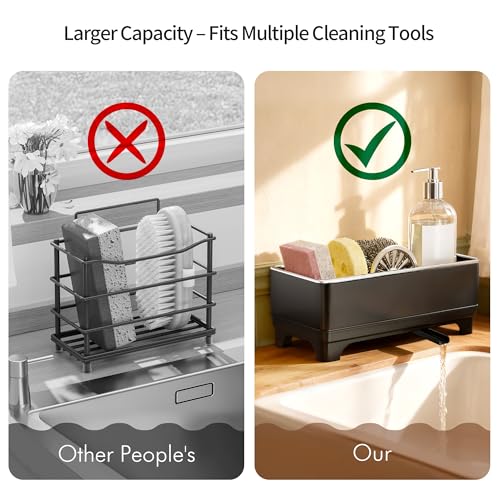 Sponge Holder for Kitchen Sink, Rustproof Stainless Steel Black | Large Capacity/360° Rotating Drain Keeps Counter Dry/Holds Sponges & Soap Bottle/Easy-Clean Removable Tray