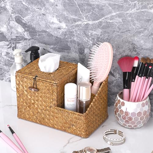 Sumnacon Square Woven Tissue Box Cover - Decorative Cube Tissue Box Holder with Side Organizer, Rustic Seagrass Tissue Box for Living Room Vanity Night Stand Table Countertop Office,Caramel
