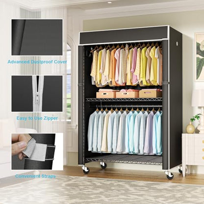 Black Clothing Rack with Black Cover, P1C Plus Rolling Closet | Metal Garment Rack with Wheels for Hanging Clothes, Portable Clothing Storage Wardrobe