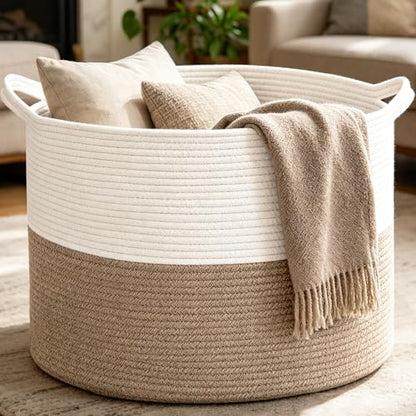 Large Woven Blanket Basket,65L Cotton Rope Laundry Basket | Collapsible Nursery Storage Bin with Sturdy Handles for Clothes, Toys, Pillows, Living Room Bedroom Bathroom - White & Brown