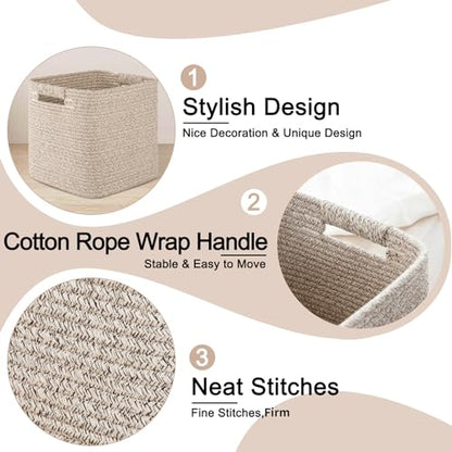 OIAHOMY Storage Cubes 11 Inch Storage Bins-3-Pack, Cotton Rope Woven Baskets for Organizing, Square Storage Baskets for Shelves Organizer, Classroom, Kids Toy Bins, Closet, Baby Nursery-Brown