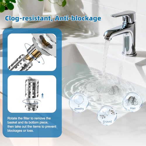 Hibbent 2 Pack Universal Bathroom Sink Drain Strainer, 3 in 1 Pop Up Stopper with Removable Stainless Steel Filter Basket, Brass Bullet Core, Hair Catcher Sink Plug for 1.1''~2.36'' Hole, Chrome