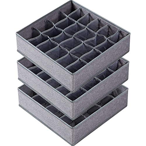 3 Pack Sock Underwear Drawer Organizer Dividers, 64 Cell Fabric Foldable Dresser Organizer for Closet Organizers and Storage Boxes for Organizing Socks, Underwear, Ties (16+24+24 Cell, Gray)