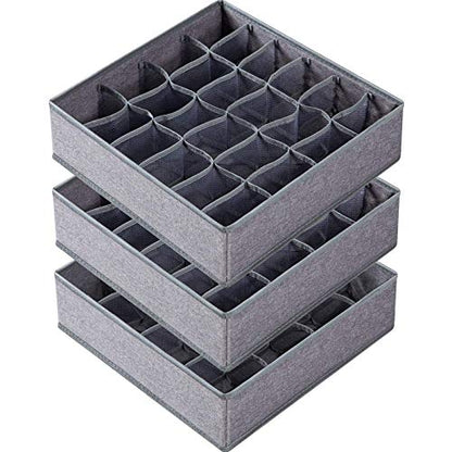 3 Pack Sock Underwear Drawer Organizer Dividers, 64 Cell Fabric Foldable Dresser Organizer for Closet Organizers and Storage Boxes for Organizing Socks, Underwear, Ties (16+24+24 Cell, Gray)