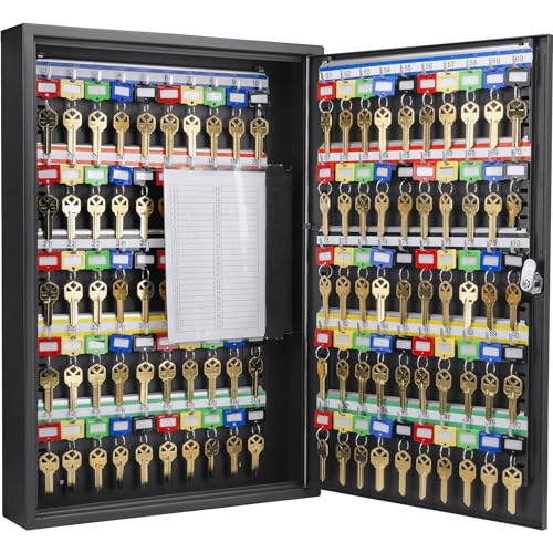 Barska 100-Position Key Lock Box – Solid Steel Key Cabinet with Adjustable Numbered Hooks, Key Log Sheet, Color Tags & Index Chart – Wall-Mount Organizer, Black Finish Key Organizer Keybox