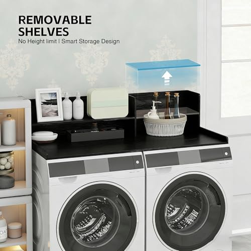 Wooden Washer Dryer Countertop Shelf, Laundry Countertop,54.7"X 28.3"Black | Washer And Dryer Countertop Adjustable Shelf,Washing Machine Topper 3-In-1 Folding Sorting & Ironing,Space Saving Laundry