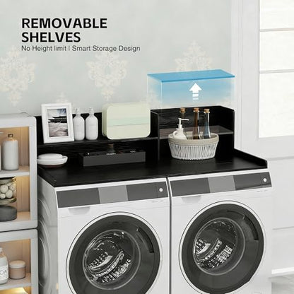 Wooden Washer Dryer Countertop Shelf, Laundry Countertop,54.7"X 28.3"Black | Washer And Dryer Countertop Adjustable Shelf,Washing Machine Topper 3-In-1 Folding Sorting & Ironing,Space Saving Laundry