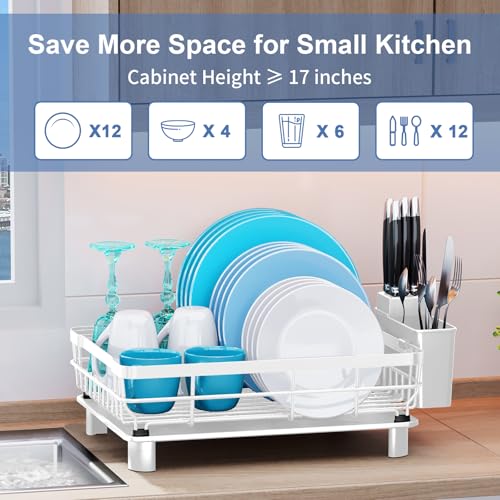 MOUKABAL Dish Drying Rack with Drainboard for Kitchen Counter, White | 13×17 Large Capacity/Rustproof Stainless Steel/Fast Drainage Dish Drainer/Removable Utensil Holder/Kitchen Counter Organizer