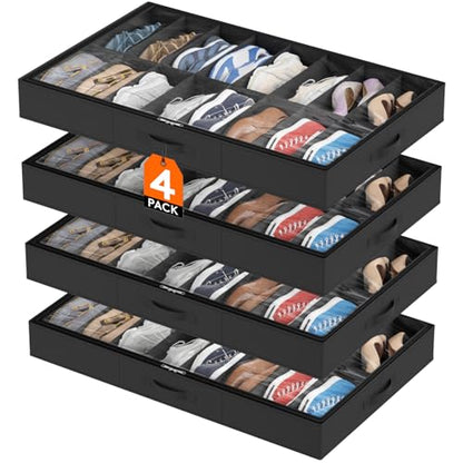 Lifewit Under Bed Shoe Storage Organizer 4 Pack(16 Shoes Cells), 4.3 Inches Profile Fabric Shoes Container Box with Clear Cover, Foldable Storage Bag with 2 Handles, Fits 32 to 64 Pairs