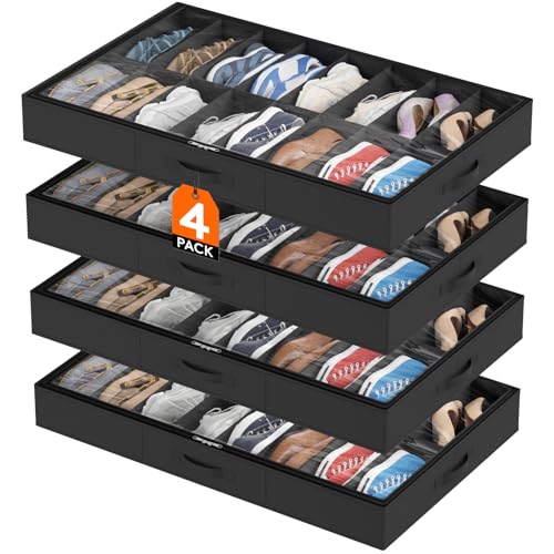 Under Bed Shoe Storage Organizer 4 Pack(16 Shoes C... (4 Count | Black | Fabric)
