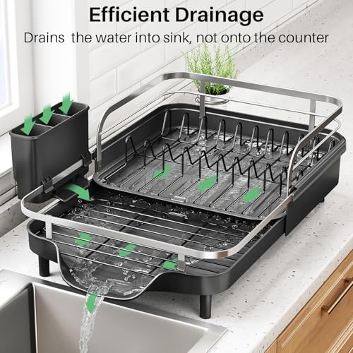 SNTD Expandable Dish Drying Rack for Kitchen Counter, 15.2-22.1 in, Black | Rust-Resistant Stainless Steel, Protective Side Rails, Self-Draining Drainboard, Removable Utensil Holder