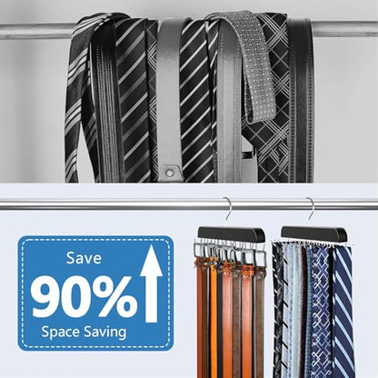 2 Pack Tie Rack & Belt Hanger for Closet Organization, Wooden Tie Organizer | Space Saving 2 in 1 Tie Hanger Max 42 Belts & 60 Ties Capacity, Premium Tie Belt Holder for Closet Organizers and Storage