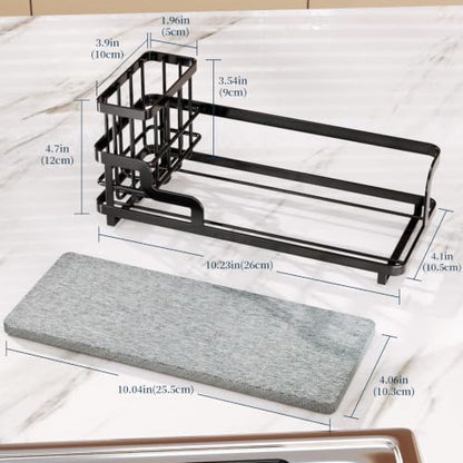 Sponge Holder for Kitchen Sink - Sink Caddy Organizer with Water Absorbing Stone Tray, Detachable Brush Holder, Stainless Steel Kitchen Counter Organizer Rack, Black