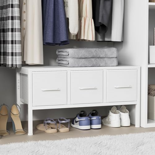 BOLUO Closet Storage with 3 Fabric Drawers Small White Dresser for Closet Floor Organizer Dorm Bedroom White