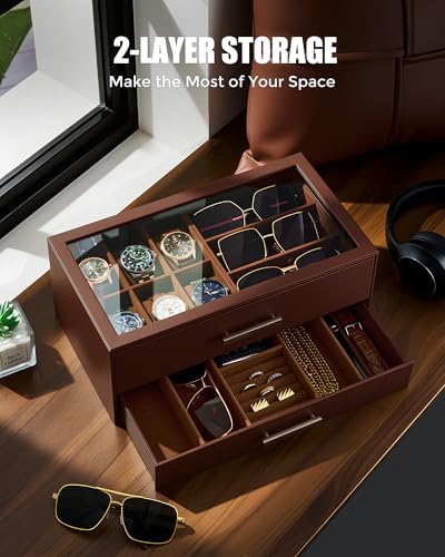 ProCase Watch Case, Mens Jewelry Box for 6 Watch & 5 Sunglasses -Brown | Pull-Out Drawer 2-Tier Leather Watch Organizer with Glass Display Top, fit Watches Size Up to 50 mm, Gift for Men & Women