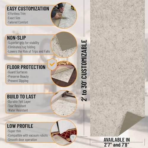 Ottomanson Non Slip Rug Pad Grip 3x16 1/8 Thick, Protection for Any Flooring Surface, Keep Your Runner Rug and Area Rugs in Place, 2'7" x 16', Beige