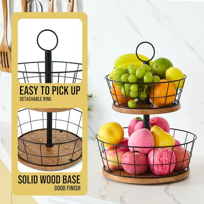 2 Tier Fruit Bowl - Sturdy Iron Wire Fruit Basket with Real Wood Base, 12 Inch Large Fruit Basket for Kitchen Counter, Anti-Slip Silicone Pads, 2 Tier Fruit and Vegetable Storage Solution