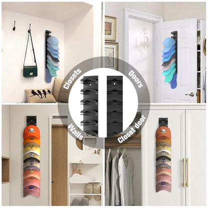 Hat Organizer for Baseball Caps 4Pack, Hat Rack for Wall with Strong Adhesive Hold up to 40 Hats, Hat Hanger Holder Display for Door Closet, Cap Organizer Storage Multilayer Two Mounting Option(Black)