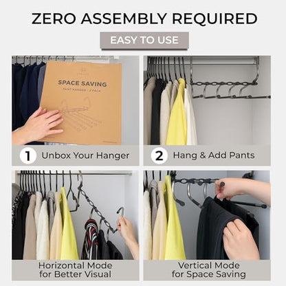 Pants Hangers Space Saving - 2 Pack - Non-Slip Multi-Layer Space Saving Hangers - Multifunctional Clothing Rack for Closet Storage - Ideal for Jeans, Trousers, Skirts, Scarves & Slacks (Black)