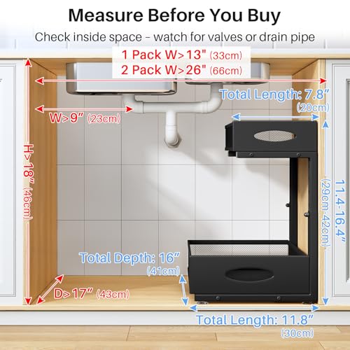 Under Sink Organizer, 2 Pack 2 Tier Pull Out Under Cabinet Organizer Shelf with Pad for Framed Cabinets, Metal Slide Out Under Sink Storage, Mesh Sliding Drawers for Kitchen Bathroom Laundry, Black