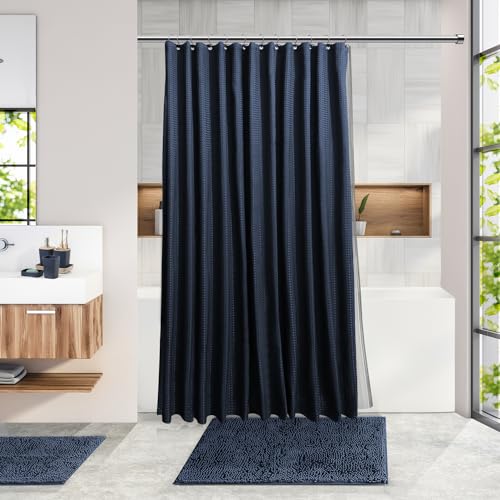 Clara Clark Bathroom Set, Shower Curtain Set, Bathroom Accessory Set | 20 Piece Navy Blue Bathroom Accessories Set with Toothbrush Holder, Soap Dispenser, Soap Dish, Toilet Brush, and Trash Can