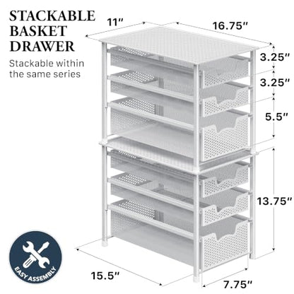 Simple Houseware 3 Tier White Alloy Steel Sliding Basket Organizer Drawer Cabinet | 3 Tier White Alloy Steel Sliding Basket Organizer Drawer Cabinet