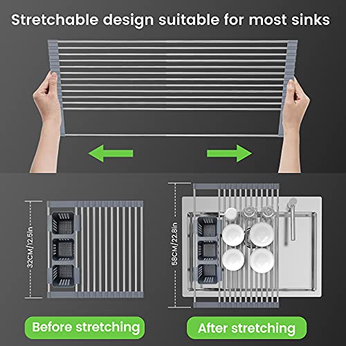 BBXTYLY Expandable Roll Up Dish Drying Rack Up to 22.8''with 2 Storage Baskets,Over The Sink Kitchen Rolling up Dish Drainer Drying Rack, Foldable,Rollable,for Kitchen Dishes(Expandable Width Size)
