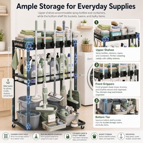 Cleaning Supplies Organizer Cart with Wheels, Broom and Mop Holder with 5 Grippers, 6 Hooks, 3 Shelves, Rolling Broom Closet Storage Rack for Laundry Room, Kitchen, Bathroom, Garage, Poolside