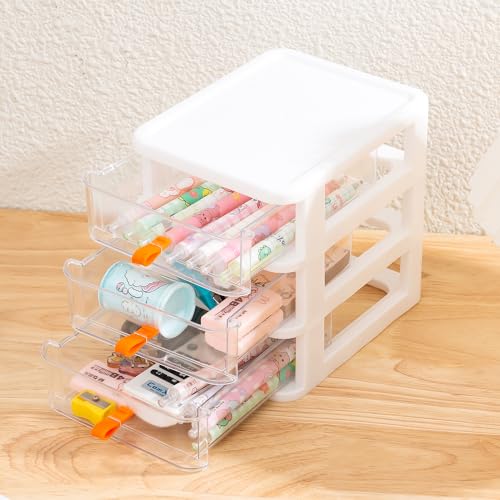 Gagee 3 Drawer Mini Desktop Unit, Clear/White Frame | Plastic Dressers with Drawers, For Arts and Crafts, Small Tools Storage, Sewing Accessories, Stationary and Hardware