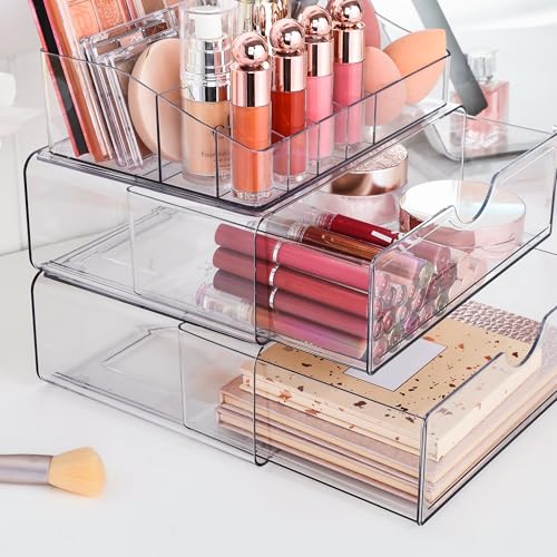 Vtopmart 3 Tier Clear Makeup Organizer with 2 Drawers | Smart Storage Layout, Clear for Better Visibility, Stackable, Large Capacity, for Makeup Lipstick Brush Skincare