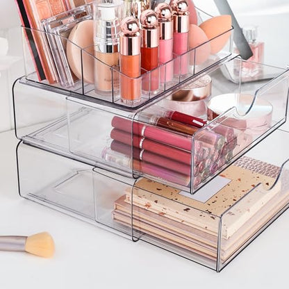 Vtopmart 3 Tier Clear Makeup Organizer with 2 Drawers | Smart Storage Layout, Clear for Better Visibility, Stackable, Large Capacity, for Makeup Lipstick Brush Skincare