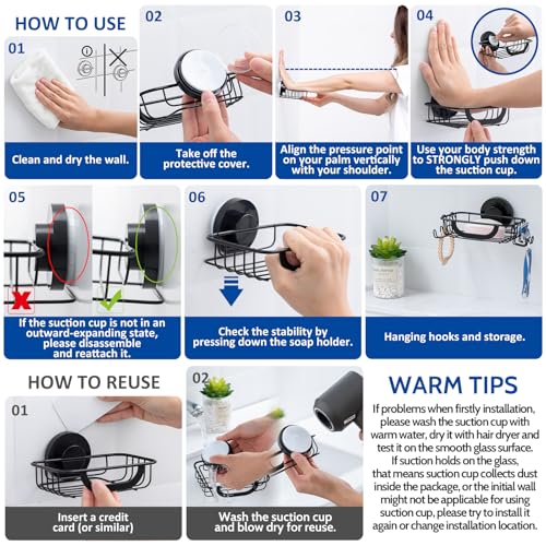 Soap Holder,Soap Dish,Suction Cup,with Hooks,Stainless Steel,Black | bar soap holder,storage soap & sponge for bathroom,shower,kitchen,sink,wall mounted,no drilling removable waterproof