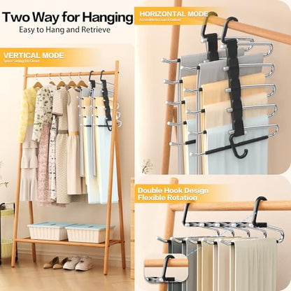 Pants Hangers Space Saving - 2 Pack Closet Organizer and Storage Jean Hangers, Stainless Steel Anti-Slip Clothes Hanger Scarf Holder for Pants Jeans Leggings Trousers Pant Rack, Black