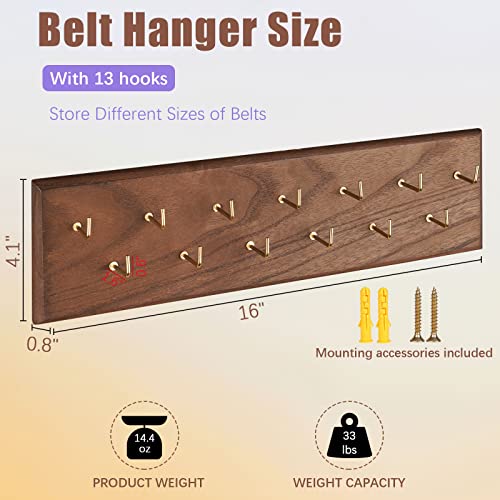 Belt Organizer, Wall Mounted Hanger for Closet, Brown | Wooden Belt Hanger Tie Hanger Space Saving Holds Over 28 Belts, Wooden Rack for Tie and Scarf Storage
