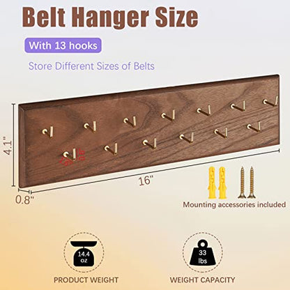 Belt Organizer, Wall Mounted Hanger for Closet, Brown | Wooden Belt Hanger Tie Hanger Space Saving Holds Over 28 Belts, Wooden Rack for Tie and Scarf Storage