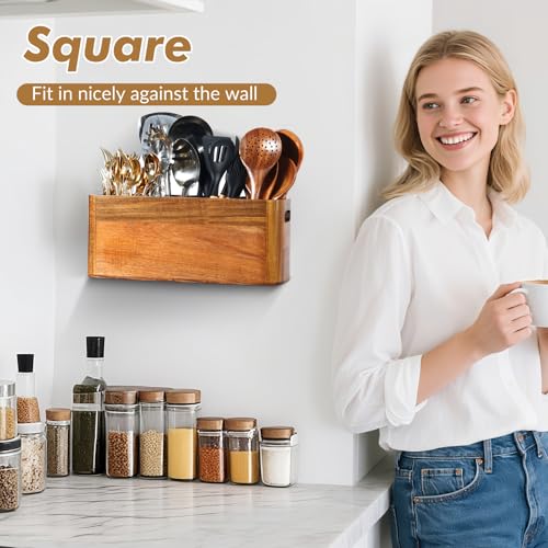 Kitchen Utensil Holder for Counter or Countertop, Extra Large Acacia Wood Organizer with 4 Compartments, Wooden Storage for Cooking and Silverware, Rustic Minimalist Decor, Sturdy Utensil Crock