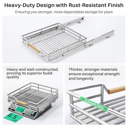 Pull out Cabinet Organizer, 15"W X 21"D, Heavy Duty Smooth Sliding Under Cabinet Shelves for Pots and Pans, Full-Extension Roll out Drawers, Slide out Organization for Home Kitchen Pantry