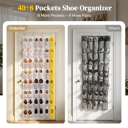 48 Pockets Over The Door Shoe Organizer, Large Mesh Hanging Shoe Rack, 6-Column Heavy Duty Shoe Storage for Sneakers and Heels, Behind Door Holder for Entryway Bedroom Dorm College, White