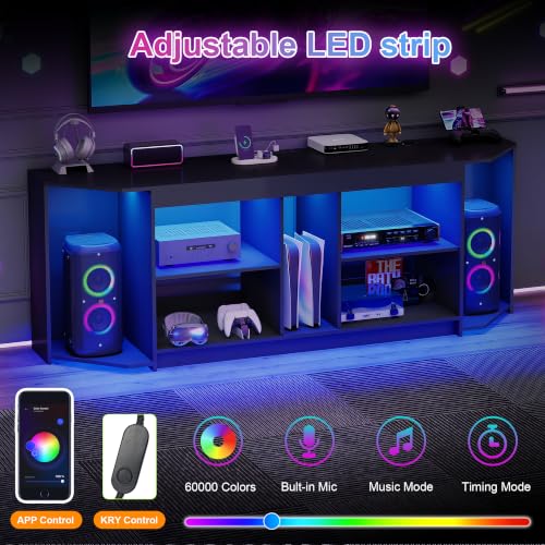 Modern TV Stand with LED Lights & Power Outlets for 75 inch TVs, Gaming Entertainment Center for PS5 Xbox, Media Consoles for Bedroom, Living Room, Black